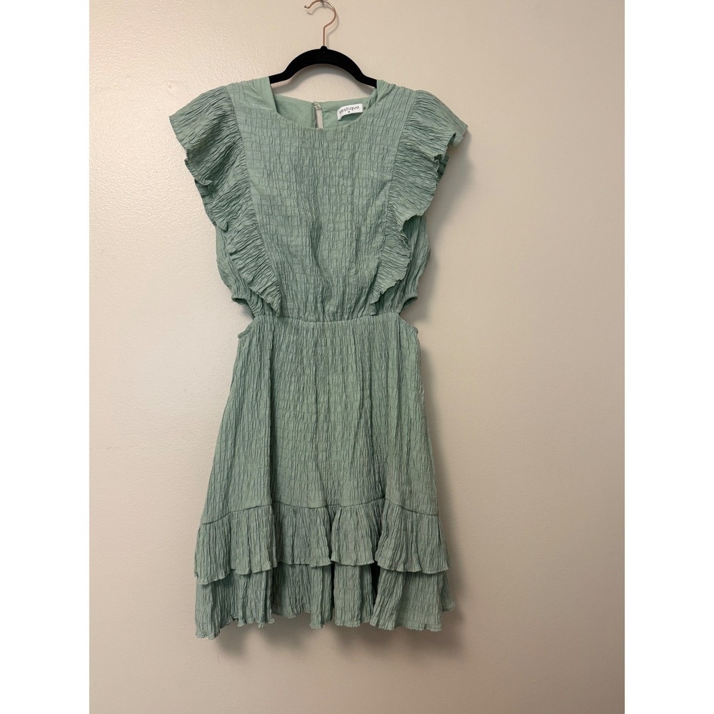 Vestique Sage Green Crinkle Ruffle Mini Dress Side Cut Out - Picture 2 of 10